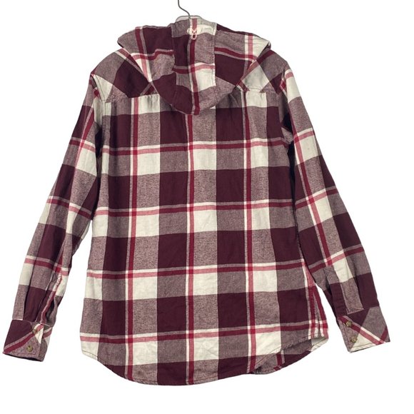 Aritzia TNA Hooded Shirt Boyfriend Fit Flannel Plaid‎ Button Up Red White - Picture 2 of 15